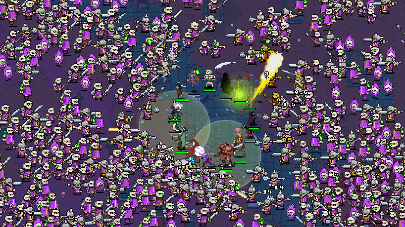 Arena Survivors battle with heroes surrounded by a large monster horde.