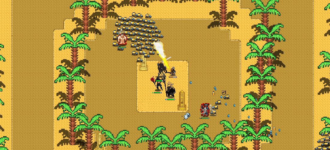 A team of heroes fights together in a desert arena in the 1.3 gameplay showcase.