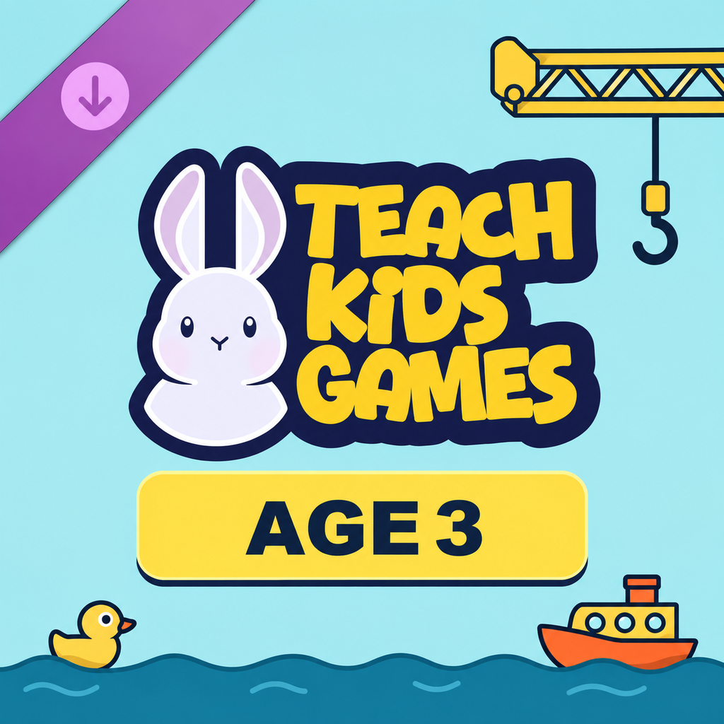 Teach Kids Games: Age 3 artwork with rabbit logo, crane, duck, and boat.