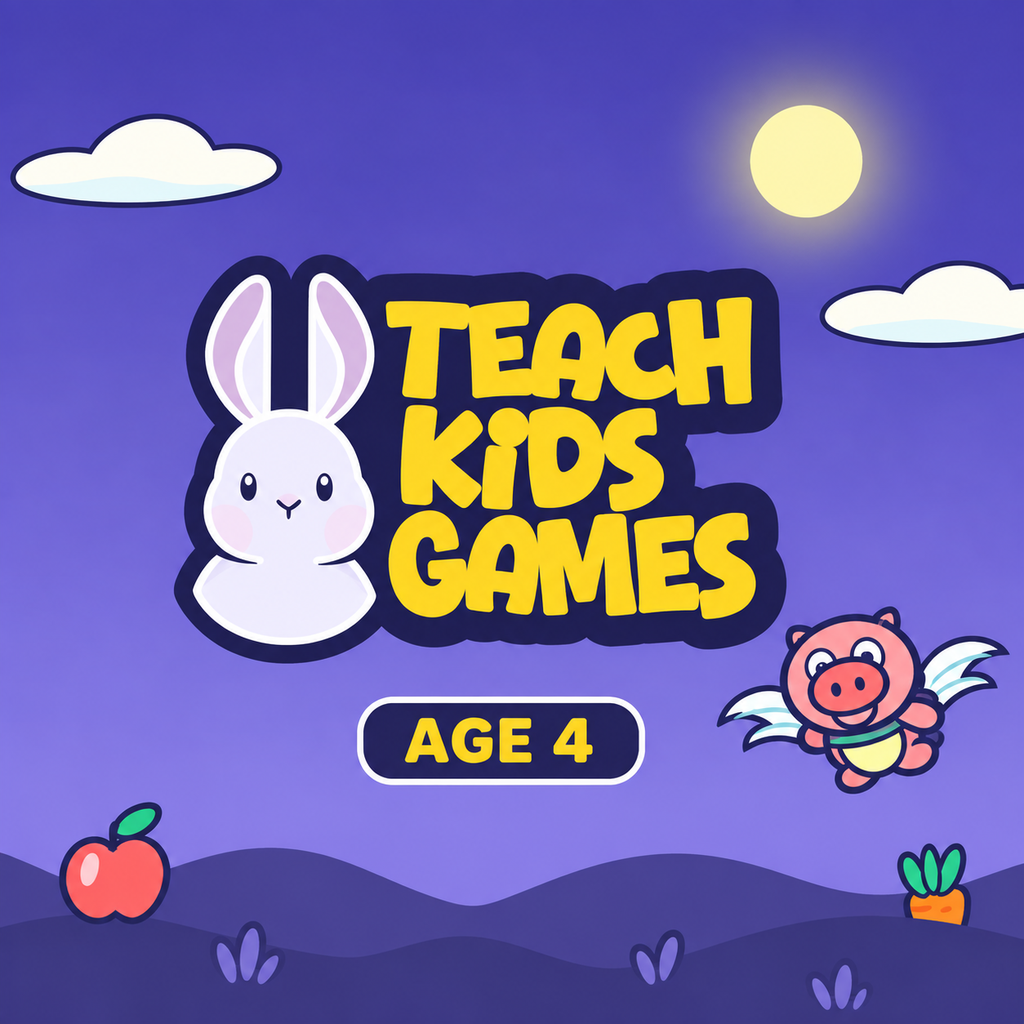 Teach Kids Games: Age 4 artwork with rabbit logo and flying pig against a purple sky.