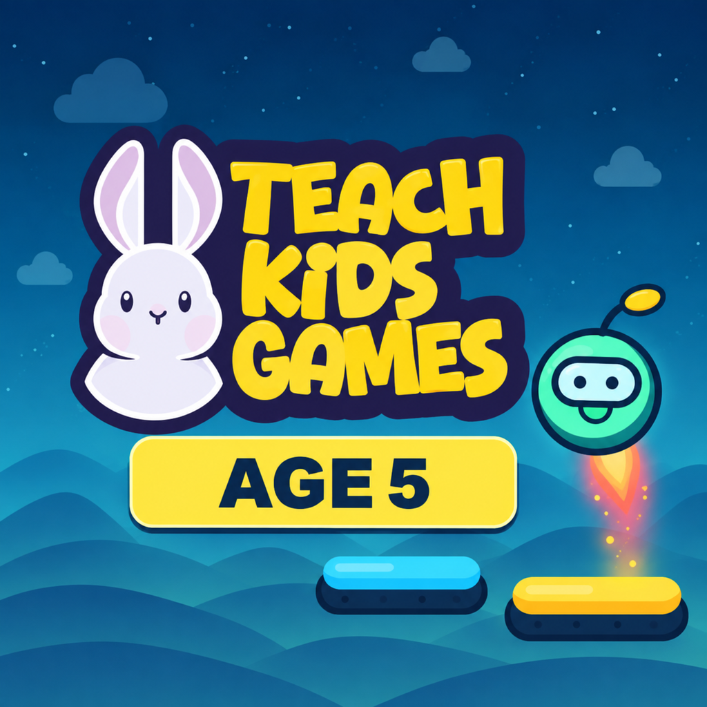 Teach Kids Games: Age 5 artwork with rabbit logo, rocket robot, and floating platforms.