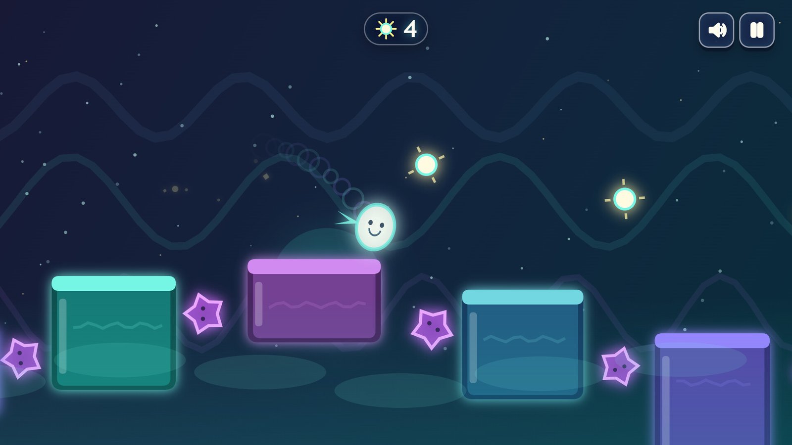 Teach Kids Games: Age 6. Glowing creature bouncing between platforms.