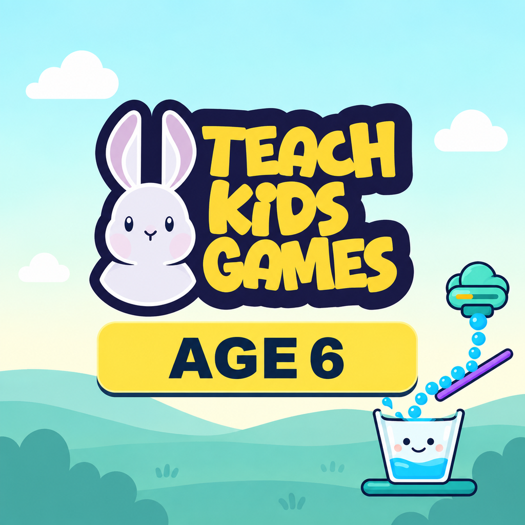 Teach Kids Games: Age 6 artwork with rabbit logo and smiling glass catching water.